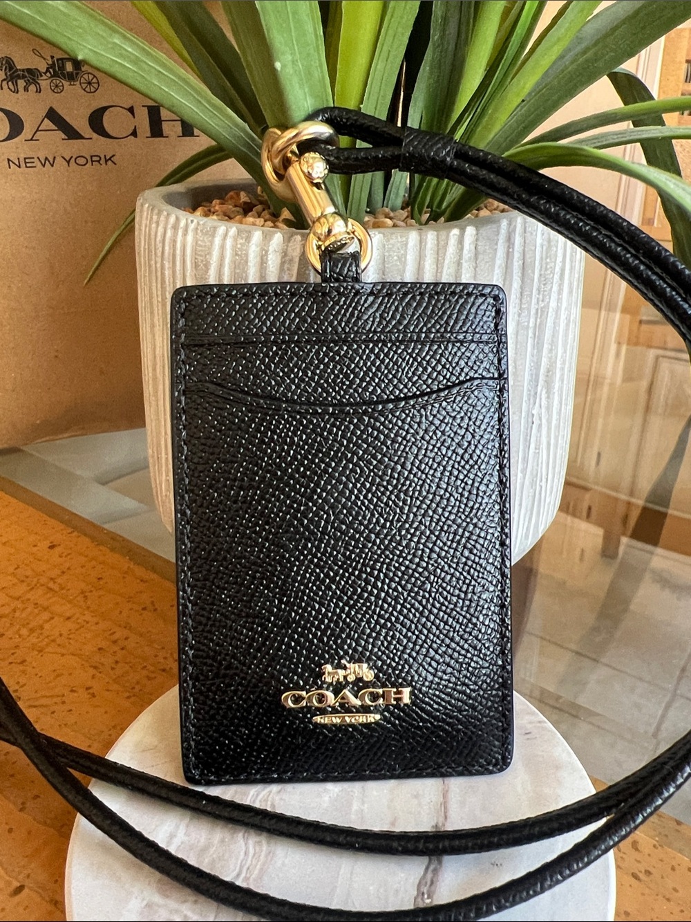 Coach Black Pebbled Leather Lanyard Card Holder with Gold Hardware
